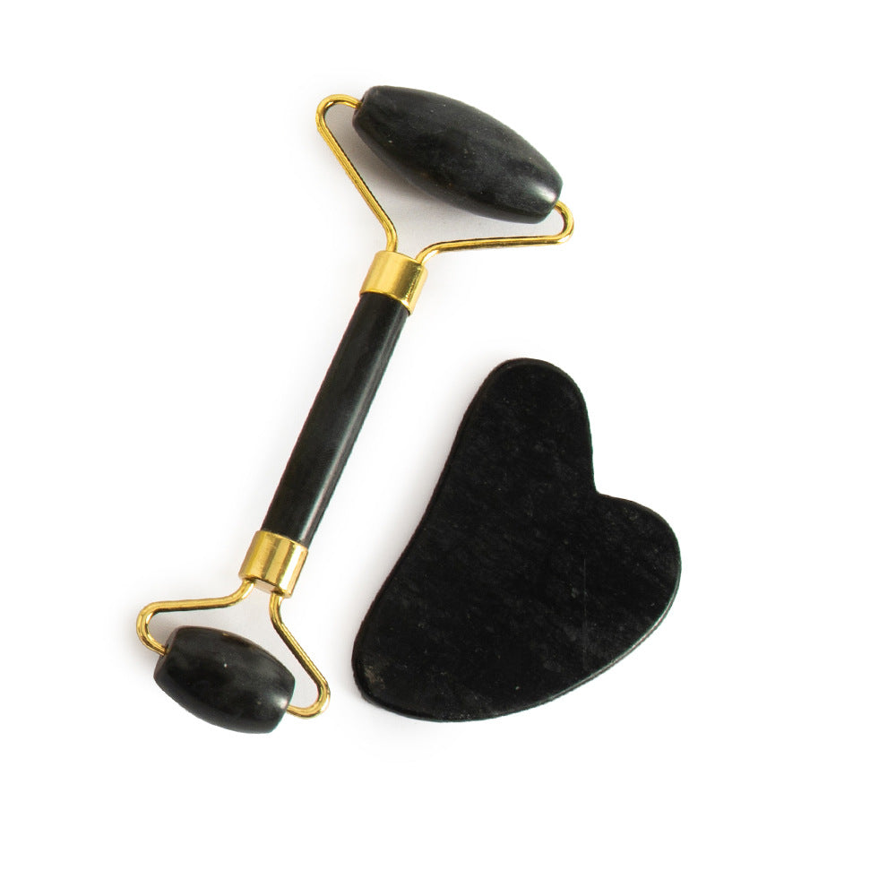 Natural Jade Facial Roller and Scraping Board Set noire