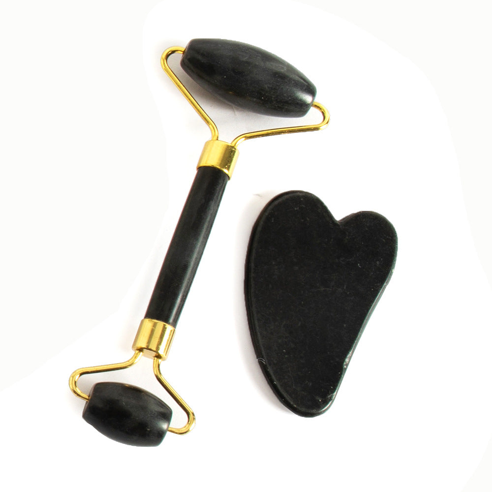 Natural Jade Facial Roller and Scraping Board Set noire