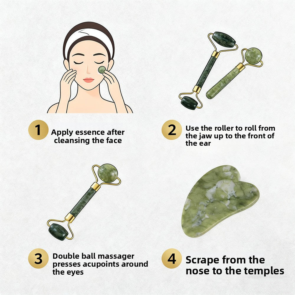 Natural Jade Facial Roller and Scraping Board Set noire