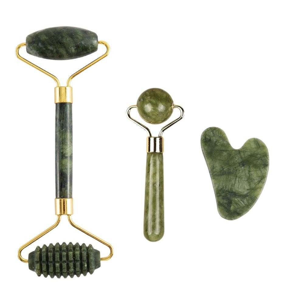 Natural Jade Facial Roller and Scraping Board Set noire