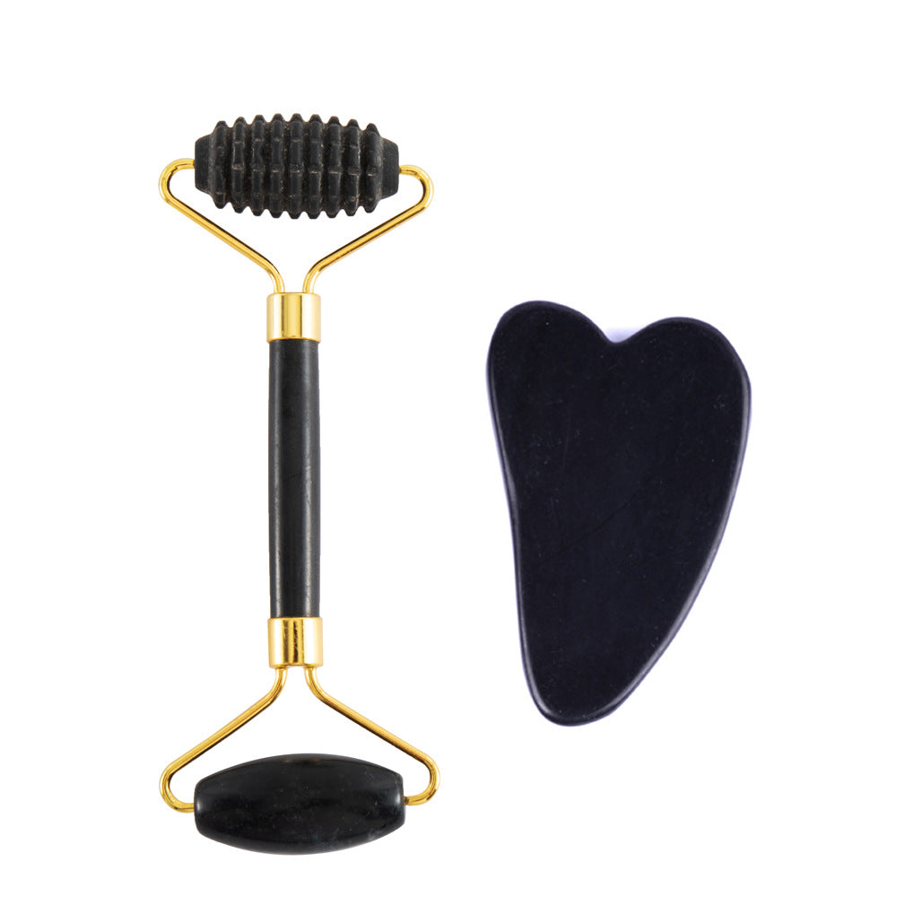 Natural Jade Facial Roller and Scraping Board Set noire