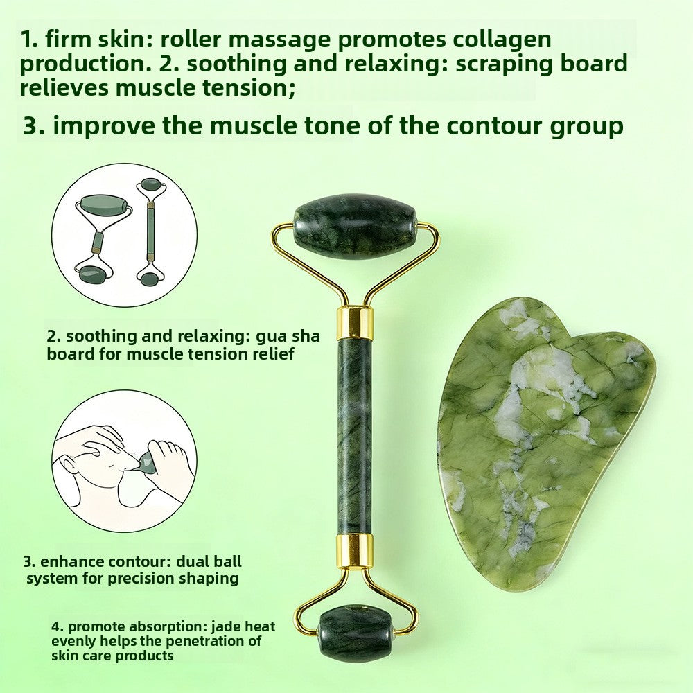 Natural Jade Facial Roller and Scraping Board Set noire
